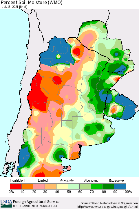 Southern South America Percent Soil Moisture (WMO) Thematic Map For 7/12/2021 - 7/18/2021