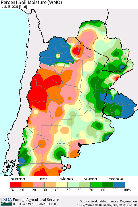 Southern South America Percent Soil Moisture (WMO) Thematic Map For 7/19/2021 - 7/25/2021