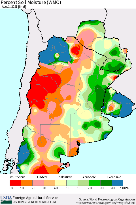 Southern South America Percent Soil Moisture (WMO) Thematic Map For 7/26/2021 - 8/1/2021