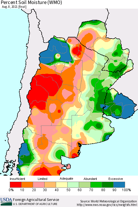Southern South America Percent Soil Moisture (WMO) Thematic Map For 8/2/2021 - 8/8/2021
