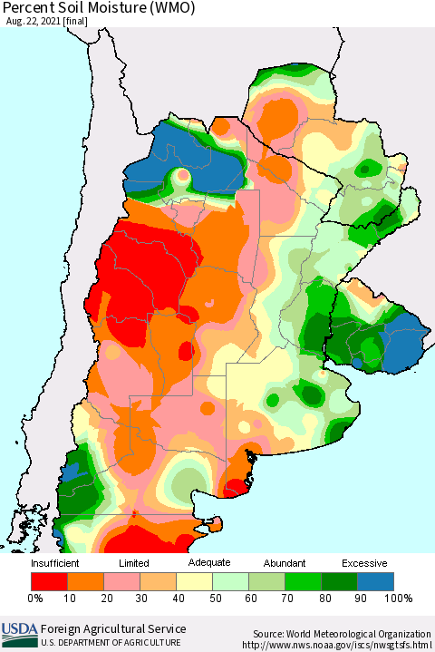 Southern South America Percent Soil Moisture (WMO) Thematic Map For 8/16/2021 - 8/22/2021