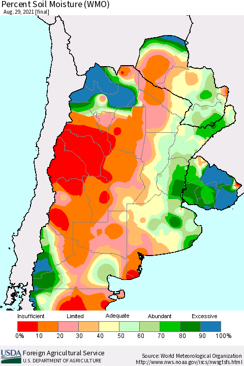 Southern South America Percent Soil Moisture (WMO) Thematic Map For 8/23/2021 - 8/29/2021