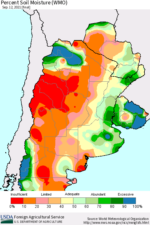 Southern South America Percent Soil Moisture (WMO) Thematic Map For 9/6/2021 - 9/12/2021