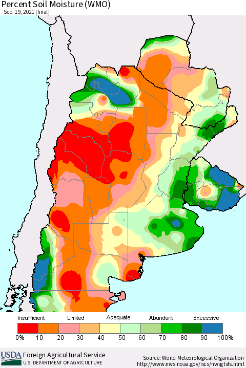 Southern South America Percent Soil Moisture (WMO) Thematic Map For 9/13/2021 - 9/19/2021
