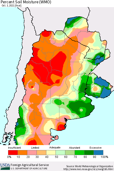 Southern South America Percent Soil Moisture (WMO) Thematic Map For 9/27/2021 - 10/3/2021