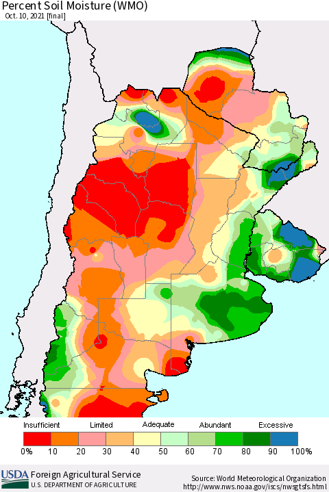Southern South America Percent Soil Moisture (WMO) Thematic Map For 10/4/2021 - 10/10/2021
