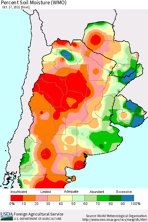 Southern South America Percent Soil Moisture (WMO) Thematic Map For 10/11/2021 - 10/17/2021