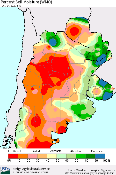Southern South America Percent Soil Moisture (WMO) Thematic Map For 10/18/2021 - 10/24/2021
