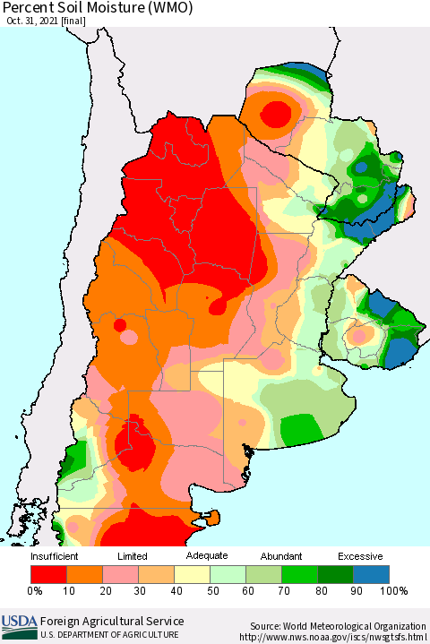 Southern South America Percent Soil Moisture (WMO) Thematic Map For 10/25/2021 - 10/31/2021