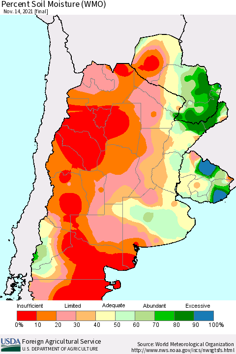 Southern South America Percent Soil Moisture (WMO) Thematic Map For 11/8/2021 - 11/14/2021