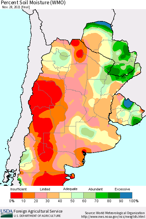 Southern South America Percent Soil Moisture (WMO) Thematic Map For 11/22/2021 - 11/28/2021