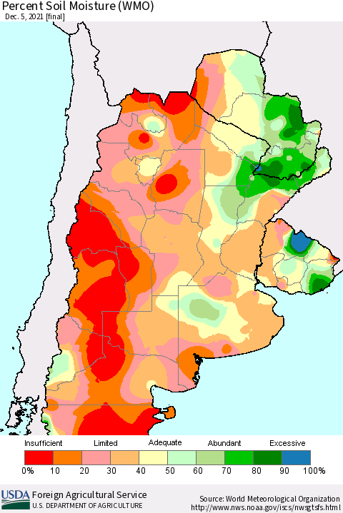Southern South America Percent Soil Moisture (WMO) Thematic Map For 11/29/2021 - 12/5/2021