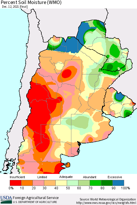 Southern South America Percent Soil Moisture (WMO) Thematic Map For 12/6/2021 - 12/12/2021