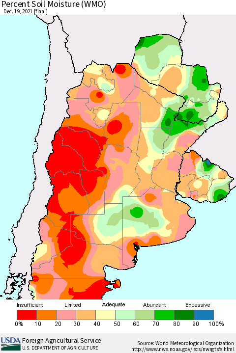 Southern South America Percent Soil Moisture (WMO) Thematic Map For 12/13/2021 - 12/19/2021