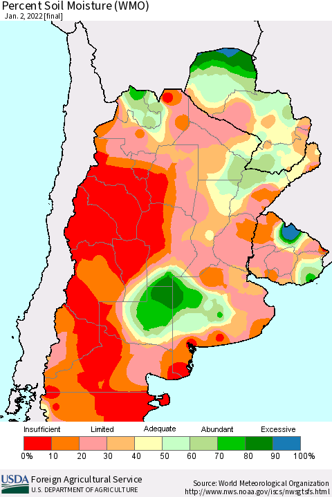 Southern South America Percent Soil Moisture (WMO) Thematic Map For 12/27/2021 - 1/2/2022