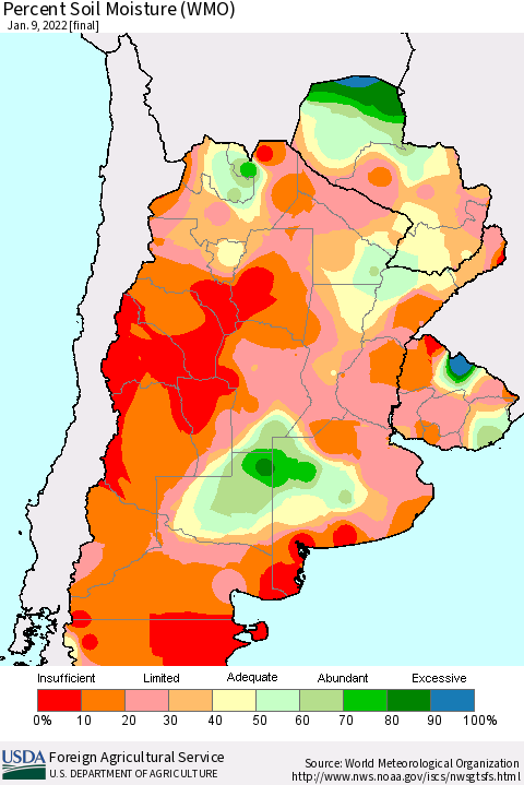 Southern South America Percent Soil Moisture (WMO) Thematic Map For 1/3/2022 - 1/9/2022