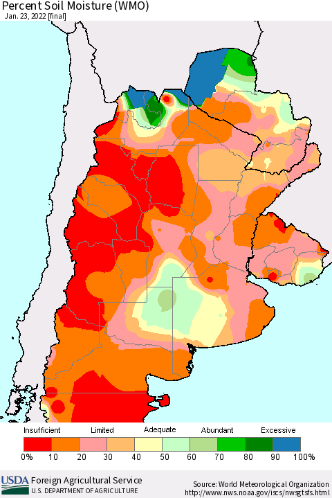 Southern South America Percent Soil Moisture (WMO) Thematic Map For 1/17/2022 - 1/23/2022
