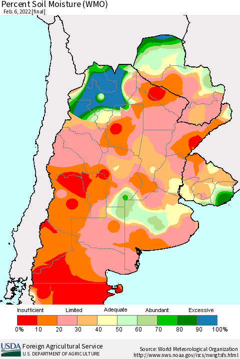 Southern South America Percent Soil Moisture (WMO) Thematic Map For 1/31/2022 - 2/6/2022
