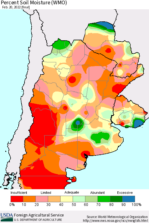 Southern South America Percent Soil Moisture (WMO) Thematic Map For 2/14/2022 - 2/20/2022