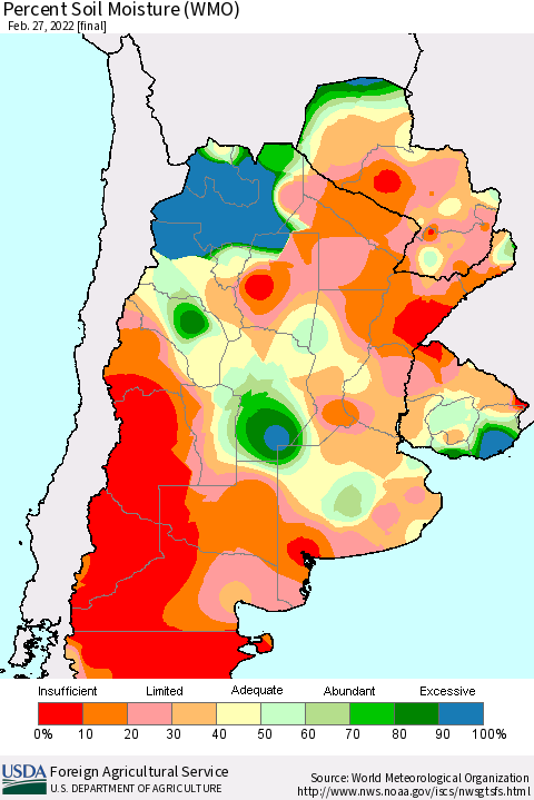 Southern South America Percent Soil Moisture (WMO) Thematic Map For 2/21/2022 - 2/27/2022