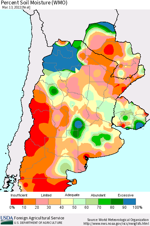 Southern South America Percent Soil Moisture (WMO) Thematic Map For 3/7/2022 - 3/13/2022