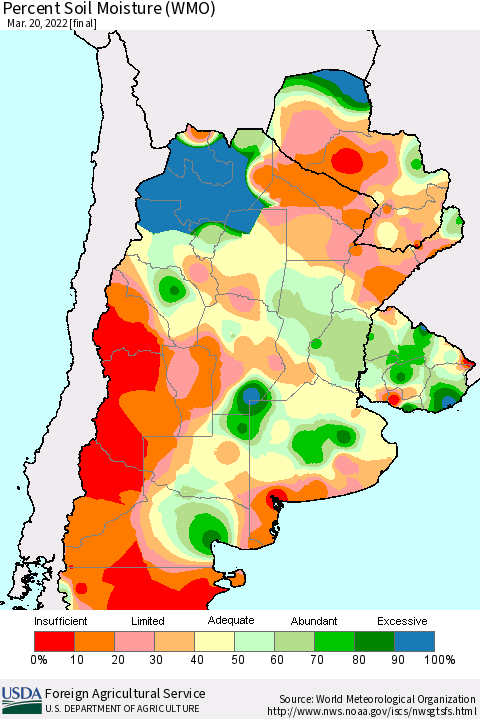 Southern South America Percent Soil Moisture (WMO) Thematic Map For 3/14/2022 - 3/20/2022