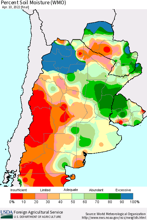 Southern South America Percent Soil Moisture (WMO) Thematic Map For 4/4/2022 - 4/10/2022