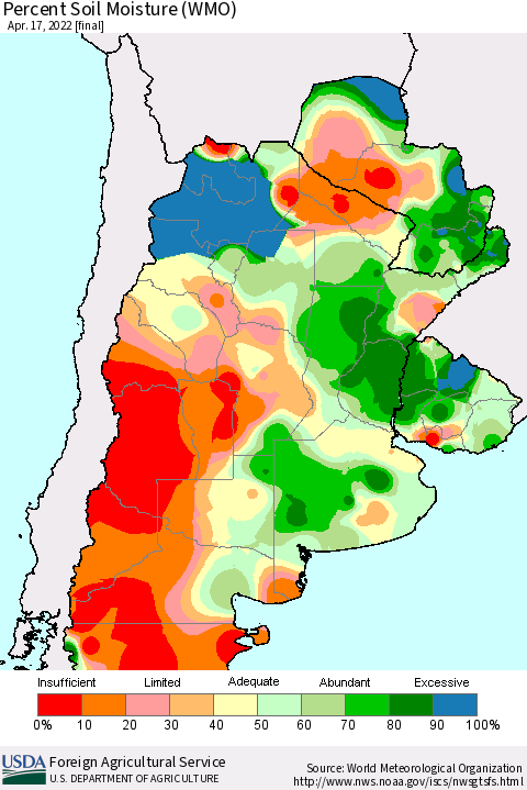 Southern South America Percent Soil Moisture (WMO) Thematic Map For 4/11/2022 - 4/17/2022