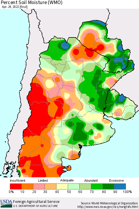 Southern South America Percent Soil Moisture (WMO) Thematic Map For 4/18/2022 - 4/24/2022