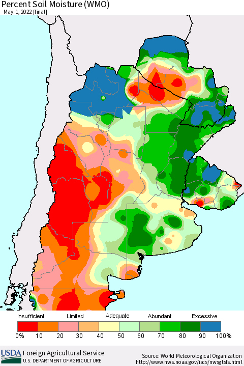 Southern South America Percent Soil Moisture (WMO) Thematic Map For 4/25/2022 - 5/1/2022