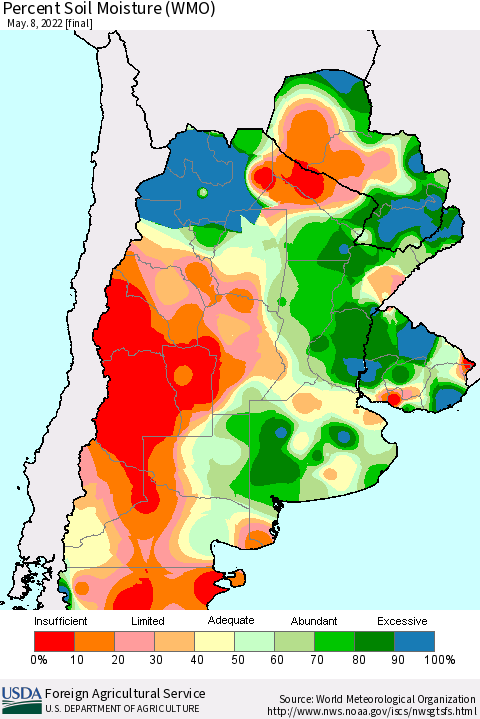 Southern South America Percent Soil Moisture (WMO) Thematic Map For 5/2/2022 - 5/8/2022