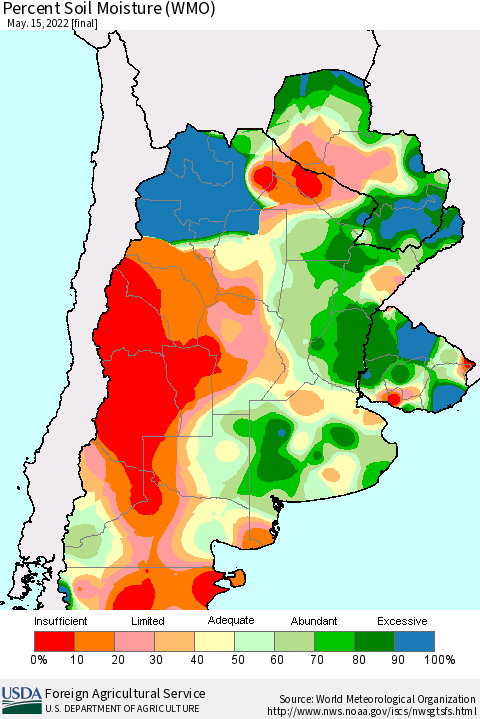Southern South America Percent Soil Moisture (WMO) Thematic Map For 5/9/2022 - 5/15/2022