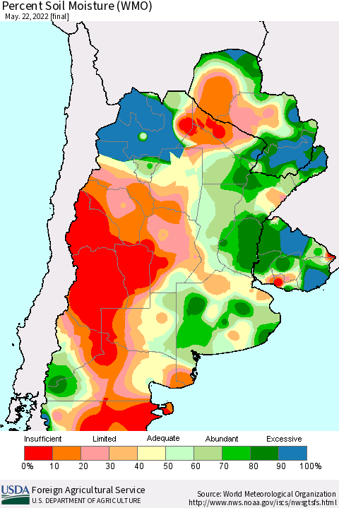 Southern South America Percent Soil Moisture (WMO) Thematic Map For 5/16/2022 - 5/22/2022