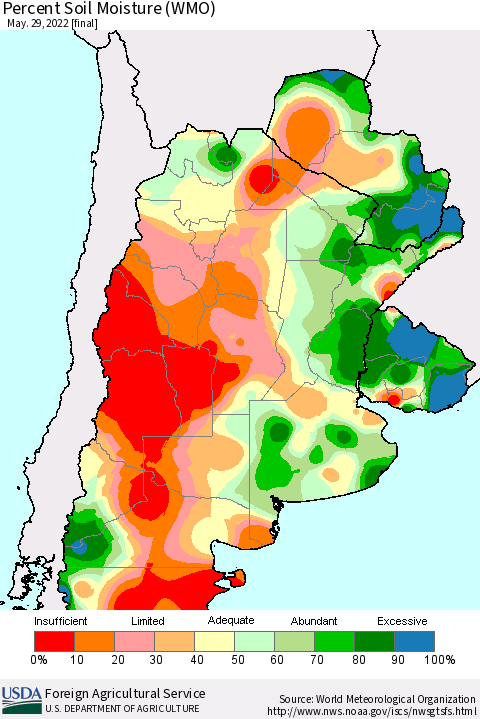 Southern South America Percent Soil Moisture (WMO) Thematic Map For 5/23/2022 - 5/29/2022