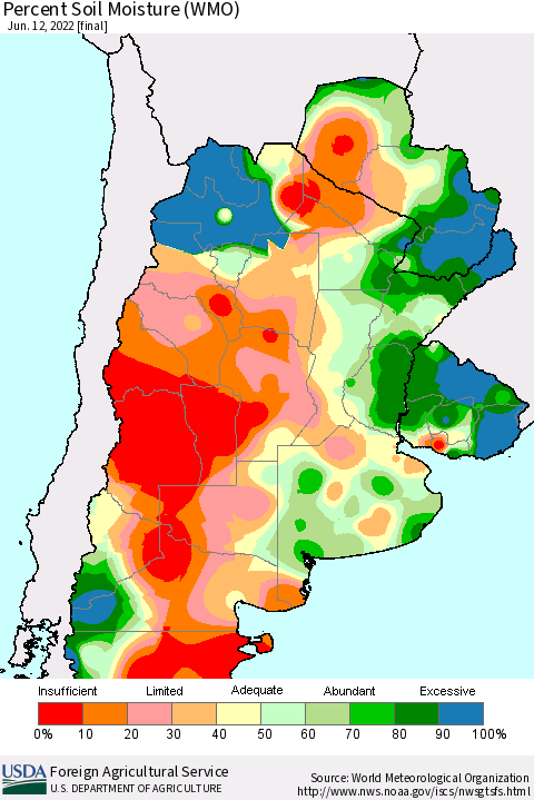 Southern South America Percent Soil Moisture (WMO) Thematic Map For 6/6/2022 - 6/12/2022