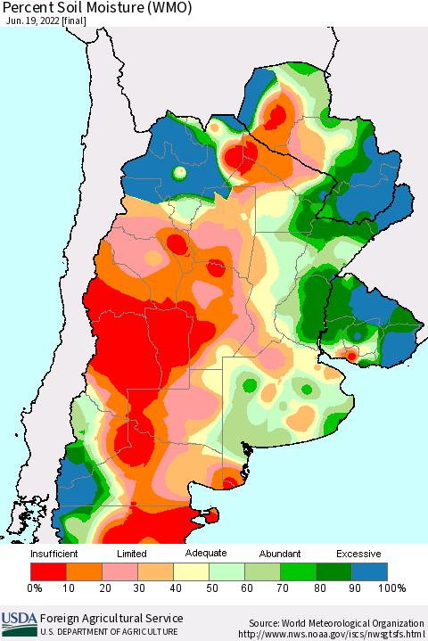 Southern South America Percent Soil Moisture (WMO) Thematic Map For 6/13/2022 - 6/19/2022