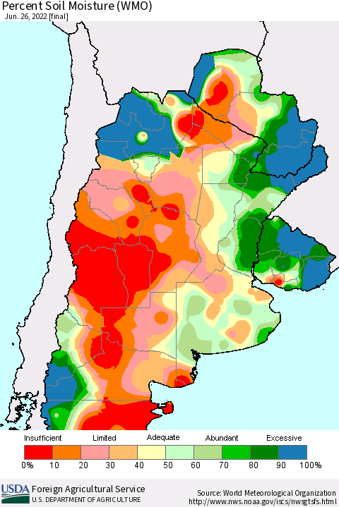 Southern South America Percent Soil Moisture (WMO) Thematic Map For 6/20/2022 - 6/26/2022