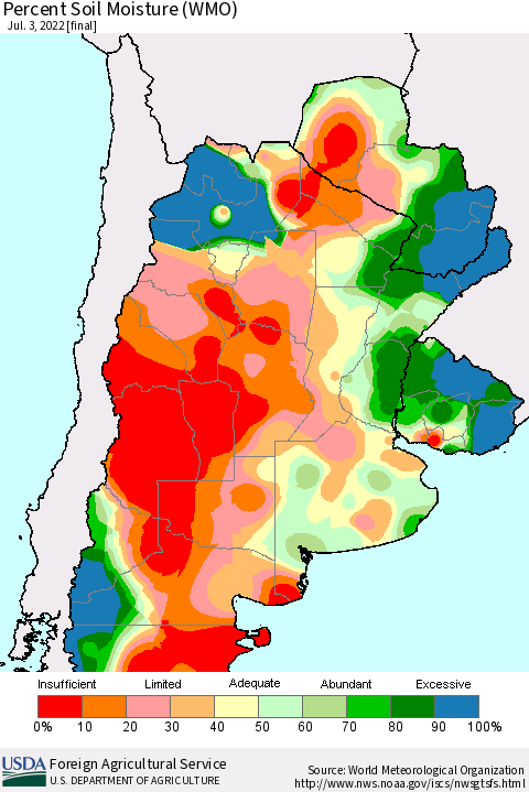 Southern South America Percent Soil Moisture (WMO) Thematic Map For 6/27/2022 - 7/3/2022