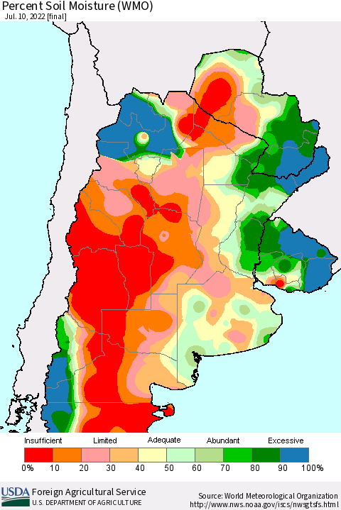 Southern South America Percent Soil Moisture (WMO) Thematic Map For 7/4/2022 - 7/10/2022