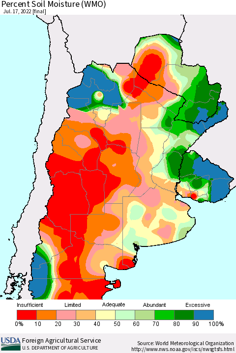 Southern South America Percent Soil Moisture (WMO) Thematic Map For 7/11/2022 - 7/17/2022