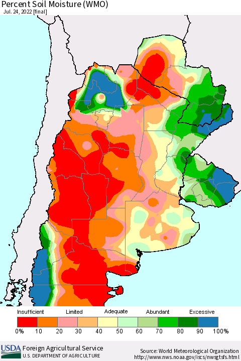Southern South America Percent Soil Moisture (WMO) Thematic Map For 7/18/2022 - 7/24/2022