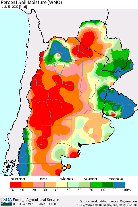 Southern South America Percent Soil Moisture (WMO) Thematic Map For 7/25/2022 - 7/31/2022