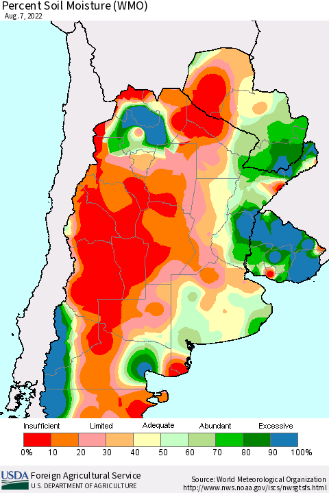 Southern South America Percent Soil Moisture (WMO) Thematic Map For 8/1/2022 - 8/7/2022