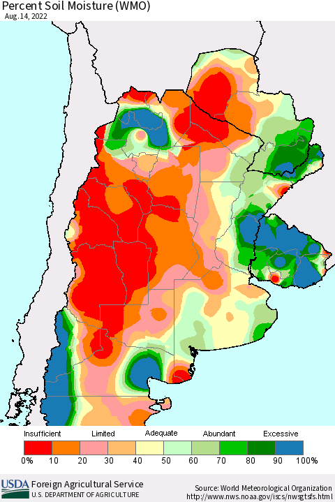 Southern South America Percent Soil Moisture (WMO) Thematic Map For 8/8/2022 - 8/14/2022