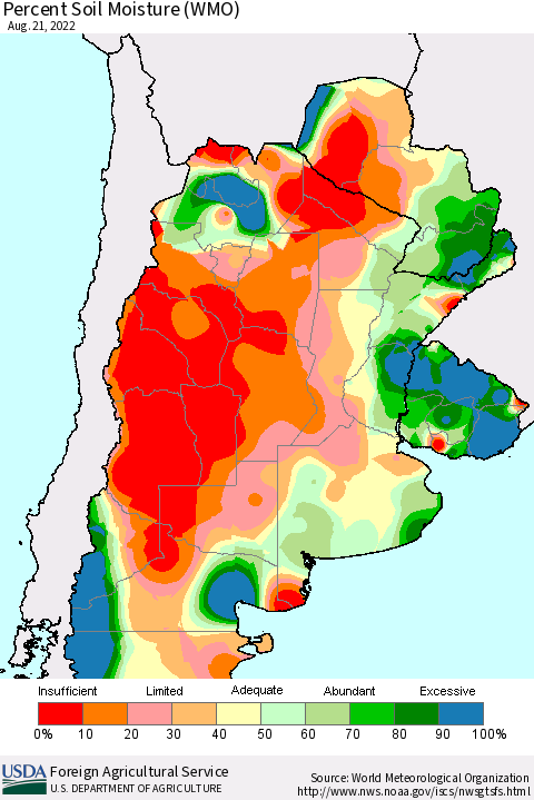 Southern South America Percent Soil Moisture (WMO) Thematic Map For 8/15/2022 - 8/21/2022