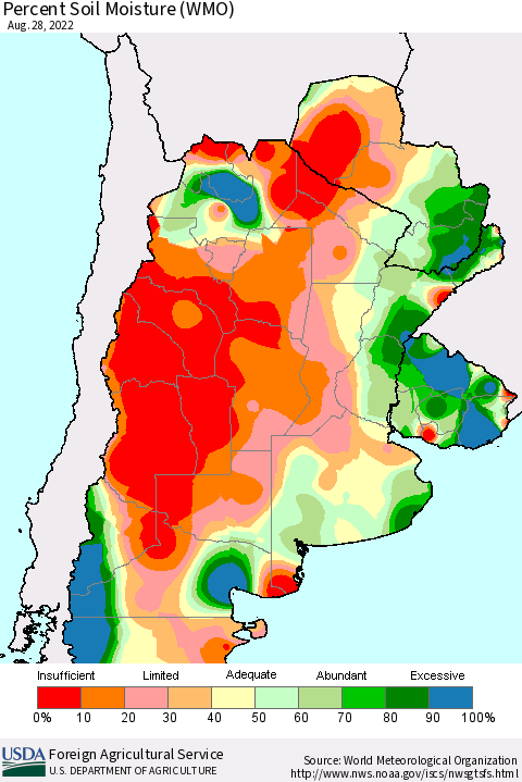 Southern South America Percent Soil Moisture (WMO) Thematic Map For 8/22/2022 - 8/28/2022