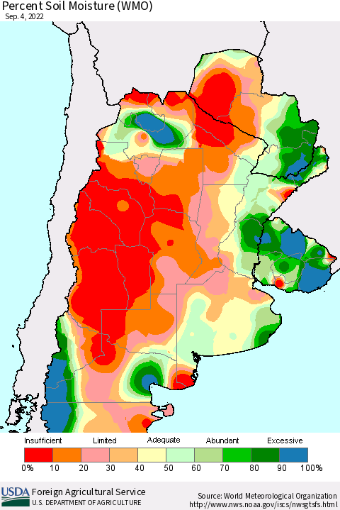 Southern South America Percent Soil Moisture (WMO) Thematic Map For 8/29/2022 - 9/4/2022