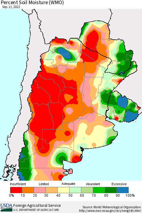 Southern South America Percent Soil Moisture (WMO) Thematic Map For 9/5/2022 - 9/11/2022