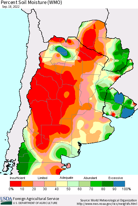 Southern South America Percent Soil Moisture (WMO) Thematic Map For 9/12/2022 - 9/18/2022