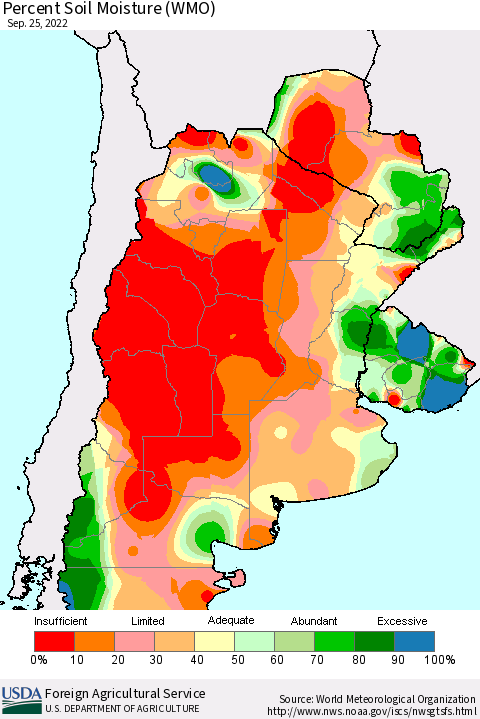 Southern South America Percent Soil Moisture (WMO) Thematic Map For 9/19/2022 - 9/25/2022